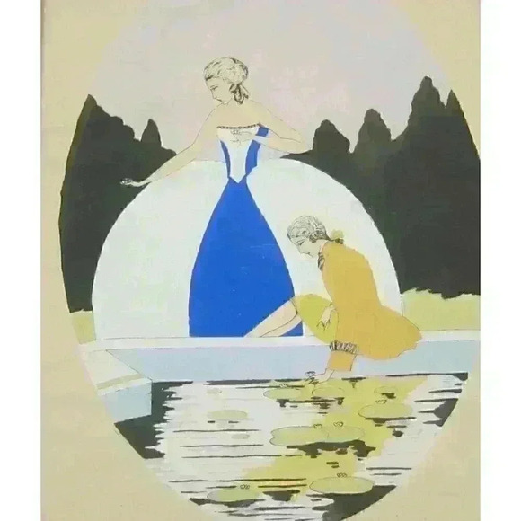 French Woodblock Art Print 1780s Fashion Lady Blue Dress Man Yellow Framed Glass